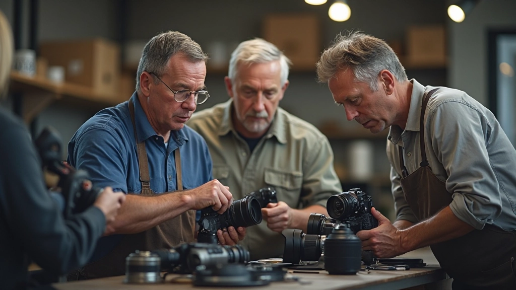Adult photographers of various skill levels examining camera equipment and lenses during indoor workshop session