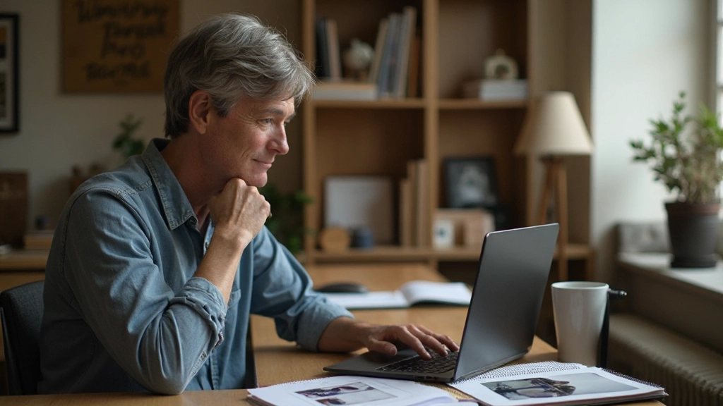 Adult photographer reviewing portfolio and making thoughtful decision about next steps in their photography journey