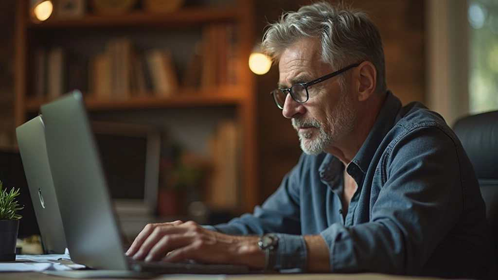 Adult photographer aged 50 searching on laptop computer in home office with warm indoor lighting
