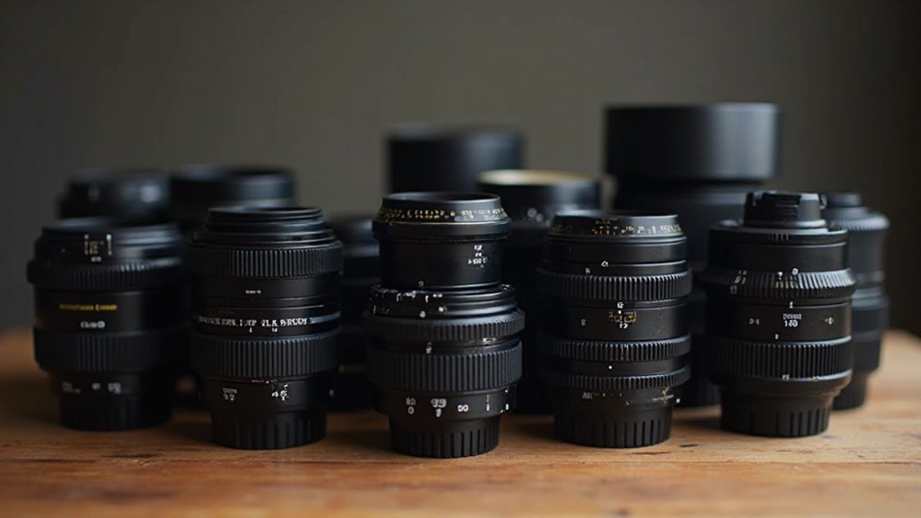 Professional photography lenses arranged showing different focal lengths and aperture ratings