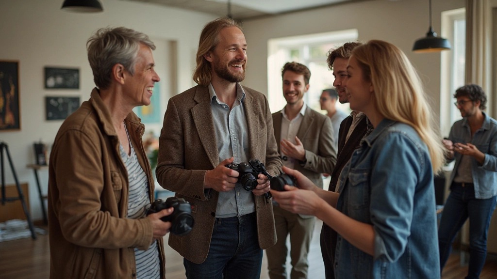 Members of photography community engaged in friendly discussion about camera techniques