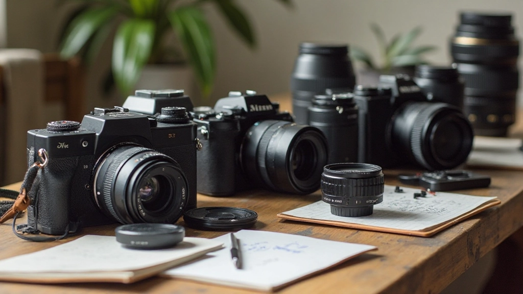 Multiple cameras and lenses displayed on wooden table with photography notes and accessories