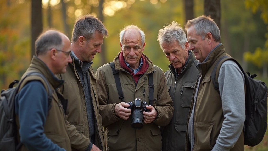 Group of photographers of various ages gathered around a camera reviewing images from a recent shoot