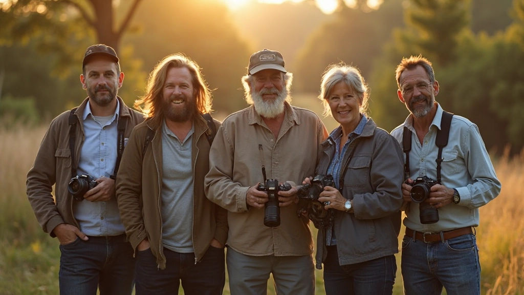 Group of photographers standing outdoors with cameras during golden hour photography session