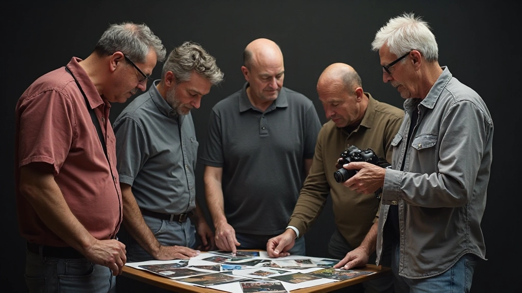 Group of adult photographers in photography club discussing and reviewing portfolio images together during critique session meeting