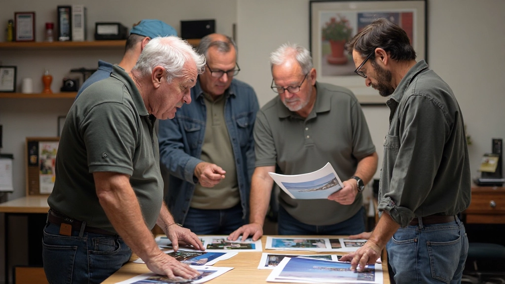 Group of photographers in discussion reviewing portfolio prints and providing constructive feedback during club meeting session