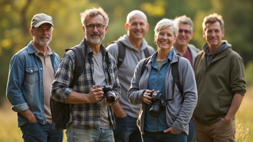 Group of adult photographers aged 40-60 together outdoors in natural setting enjoying photography session during daytime