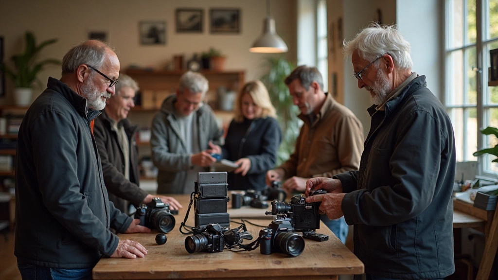 Photography enthusiasts examining cameras in a collaborative studio environment