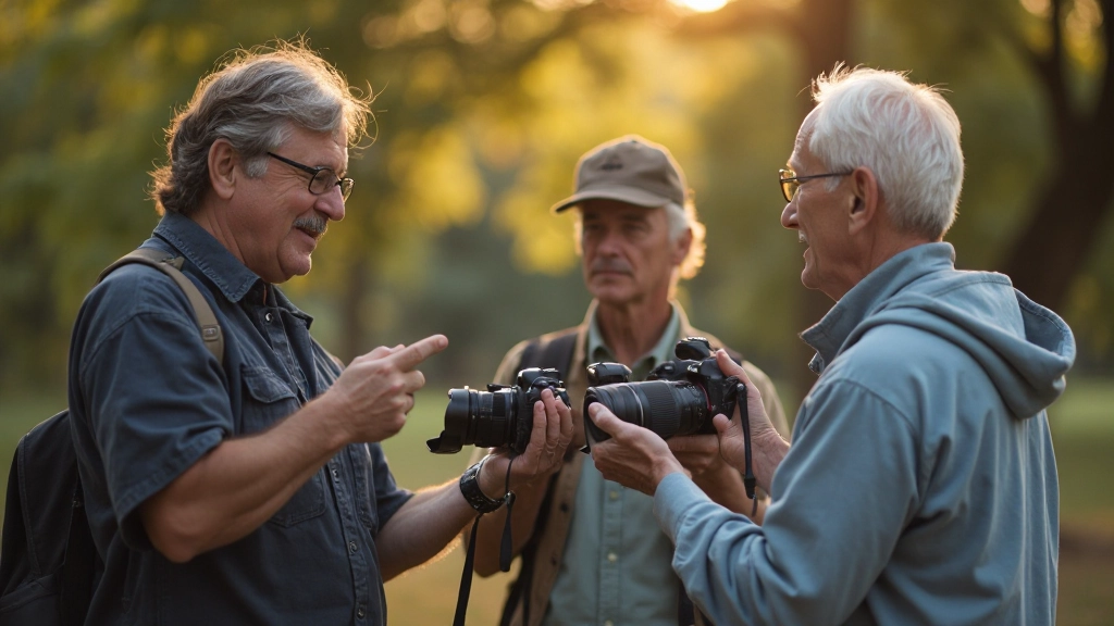 Close-up of photographers reviewing images on camera screens during outdoor photo session with natural outdoor lighting