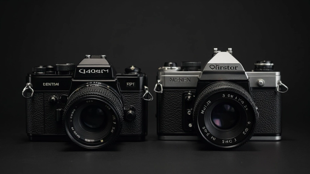 Close-up of vintage and modern camera bodies showing different generations of photography equipment